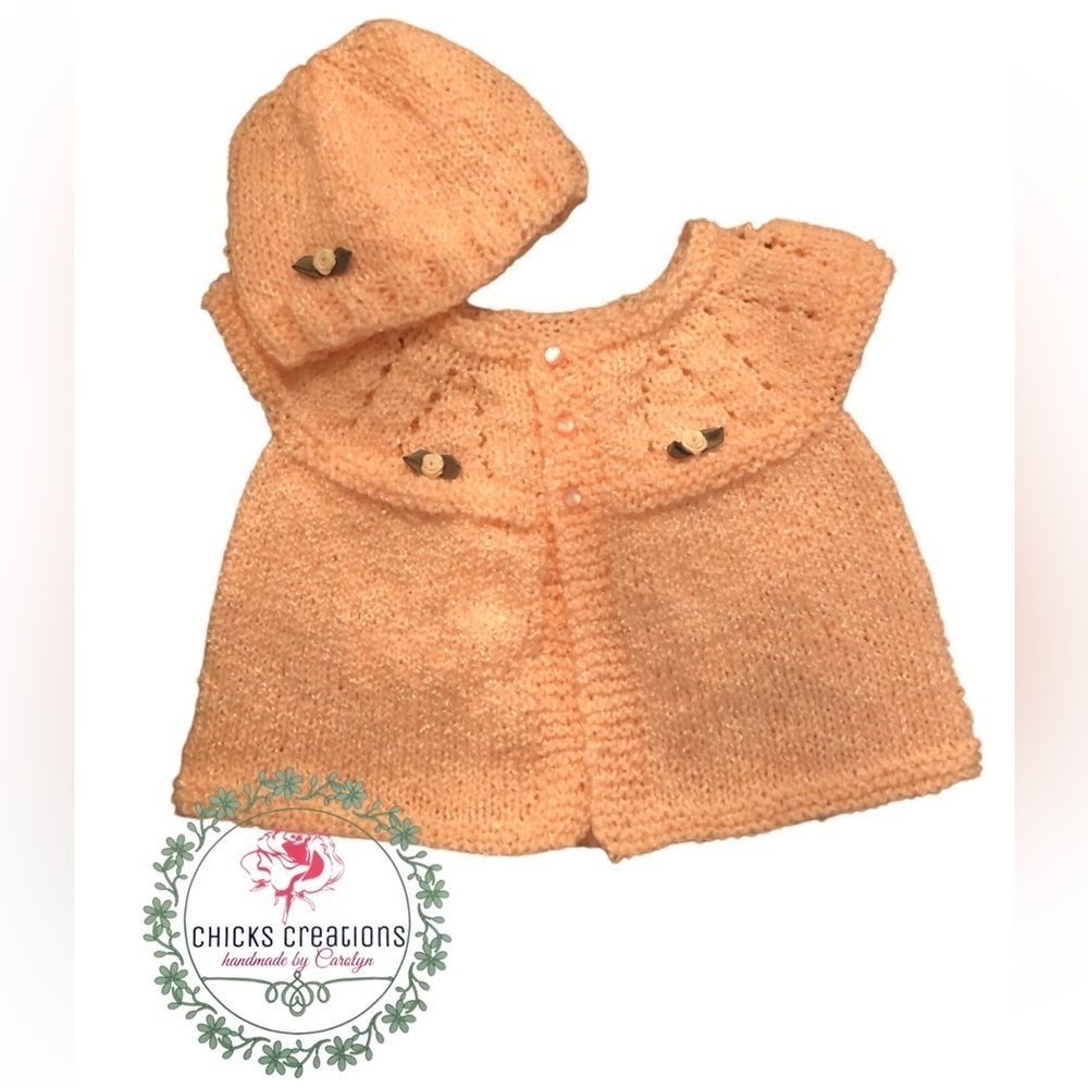 Hand Knit Baby Matinee Sweater Set in Soft‎ Peach w/Ribbon Roses NEW Size 6-9mo
